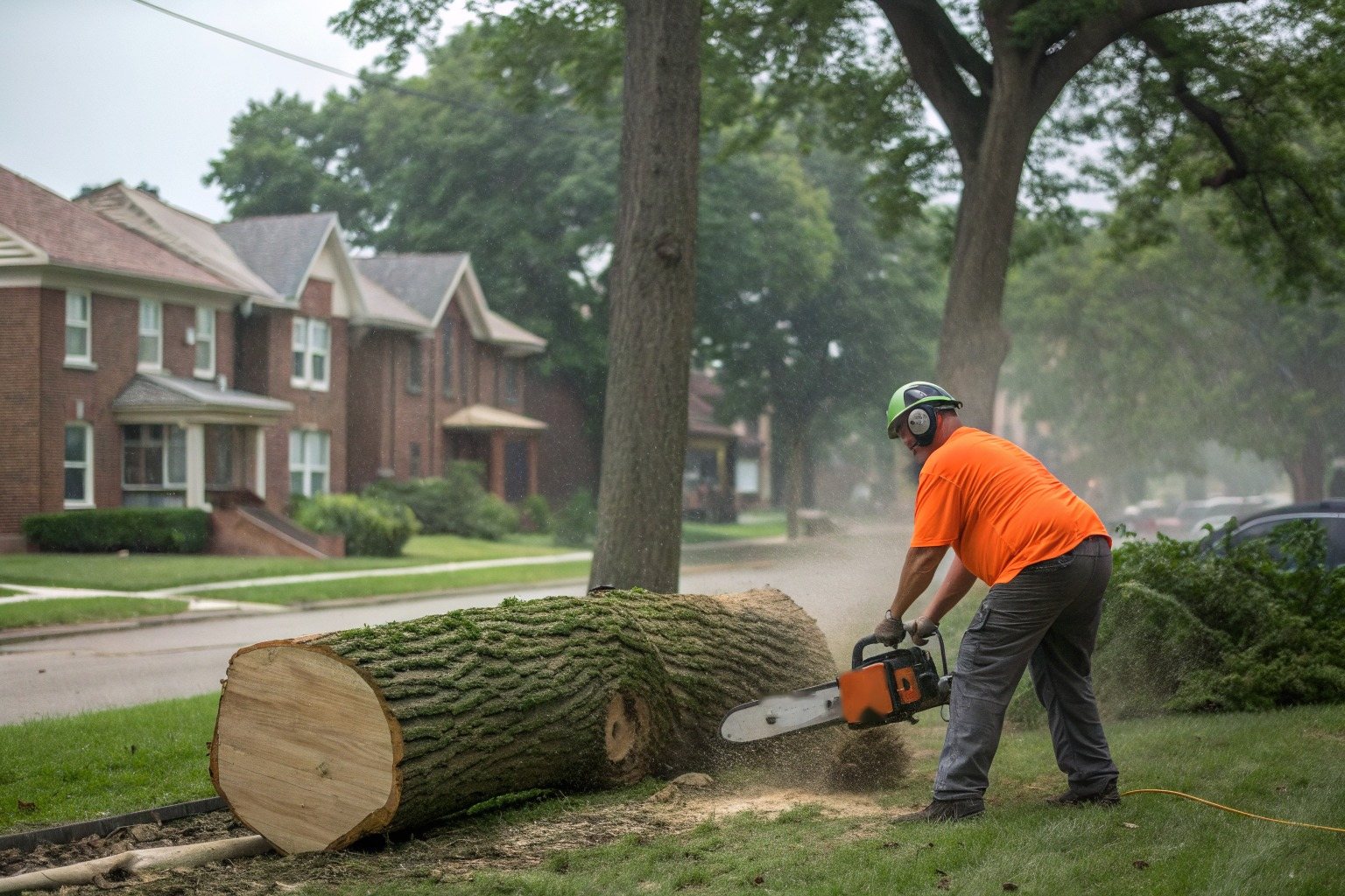 A chainsaw cutting through a felled trunk, sawdust spraying