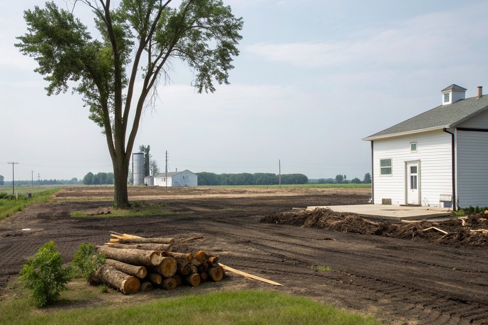 A freshly cleared lot with a brush pile at one edge and tall hardwoods left standing