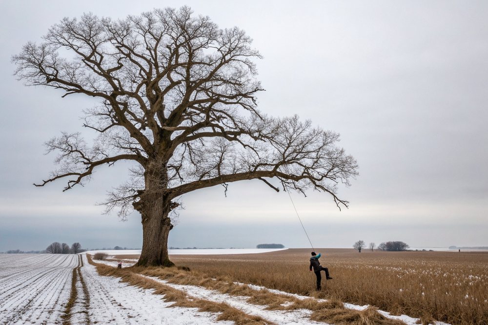 A climber roped into the spreading crown of a mature oak
