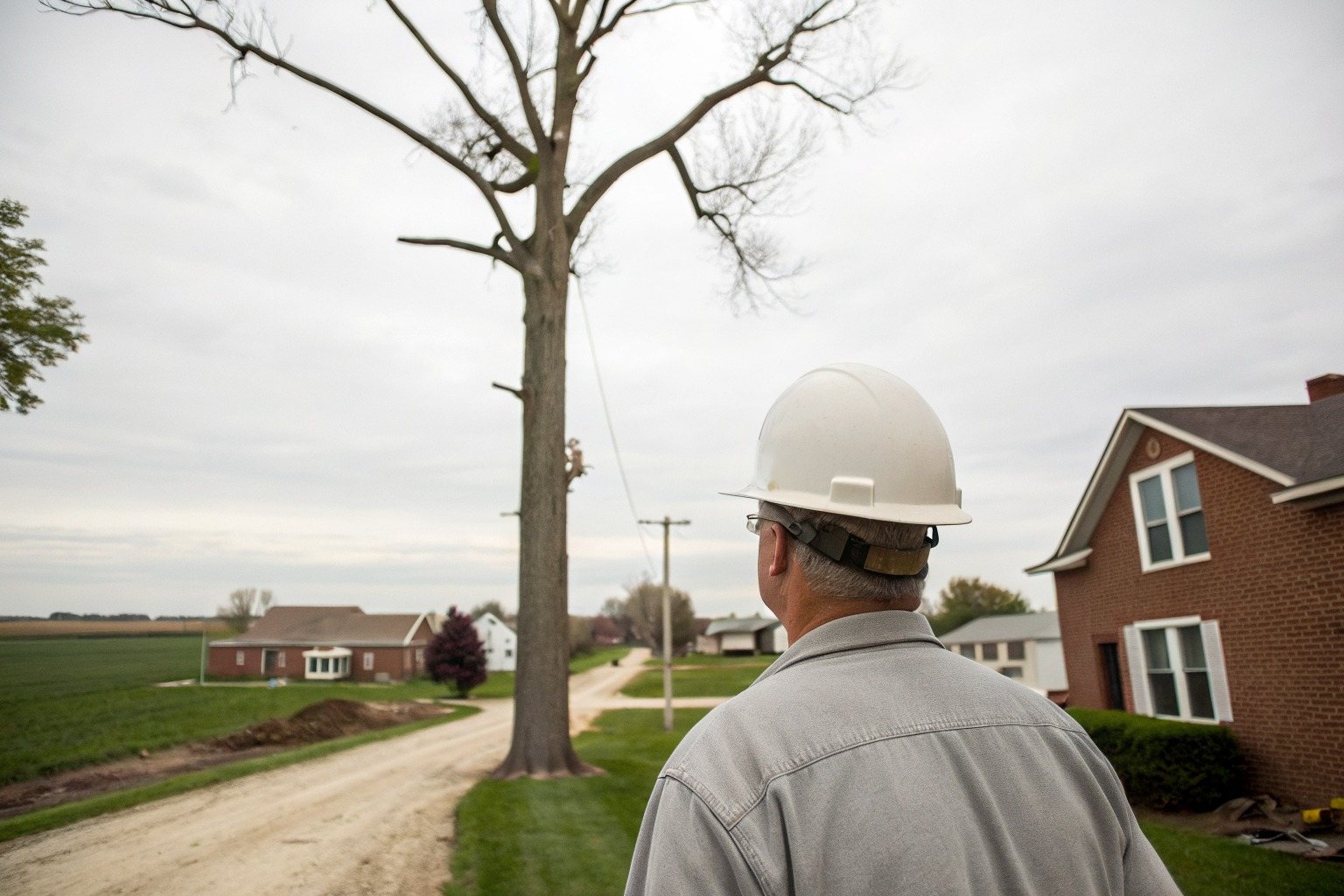 A worker in a hard hat, seen from behind, looking up into a tall hardwood on a front lawn