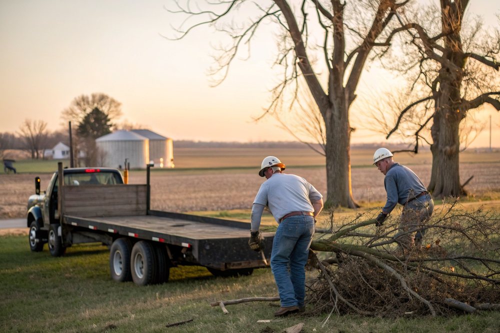 Workers dragging cut limbs across a front lawn toward a trailer at the curb