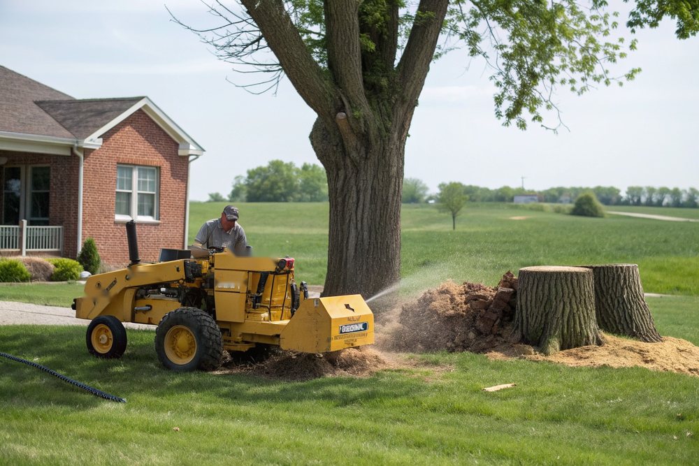 A stump grinder wheel cutting into a stump in a lawn, wood chips flying