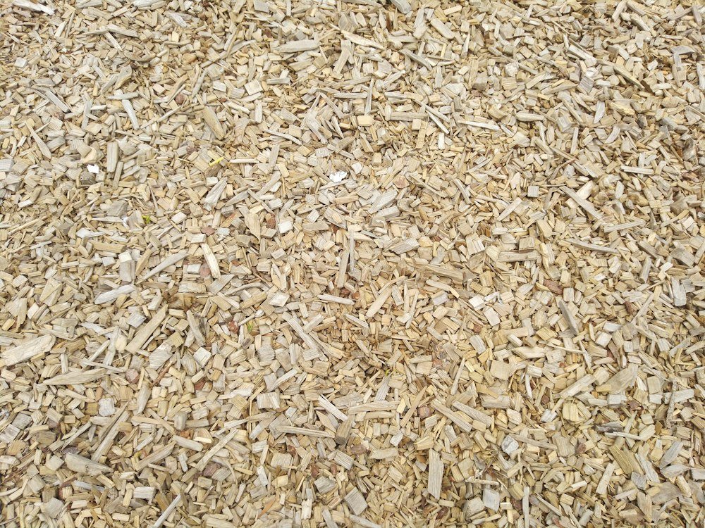 A close-up of fresh wood chips and stump grindings