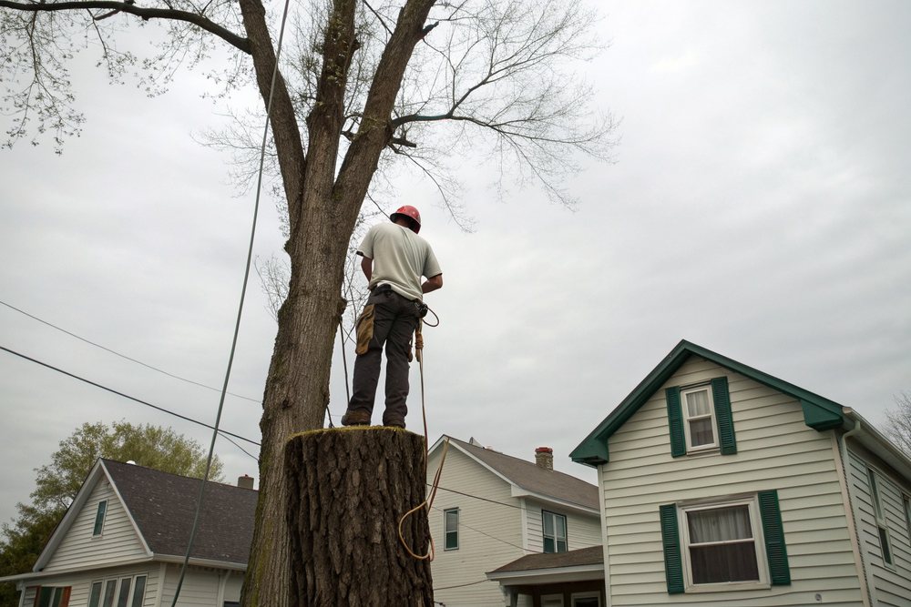 A climber cutting the top off a trunk, sawdust spraying from the saw