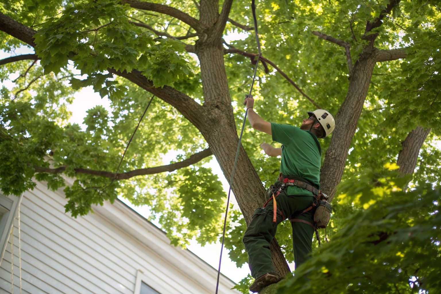 A climber roped into the trunk of a tall tree, cutting a limb inside the canopy