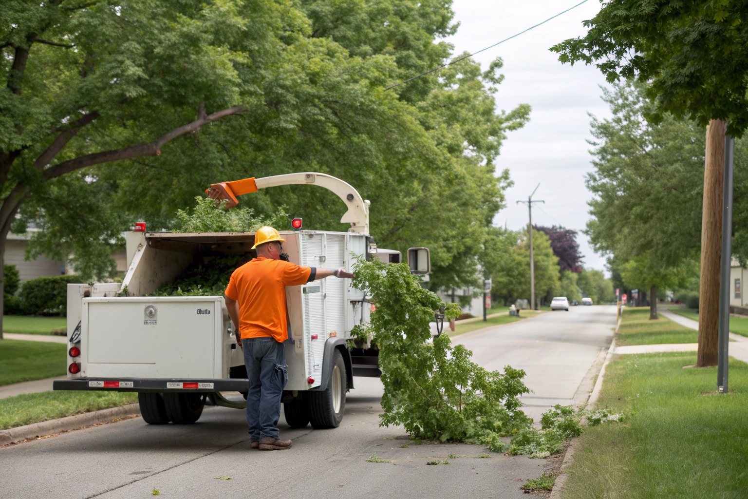 Limbs being fed into a wood chipper at the curb